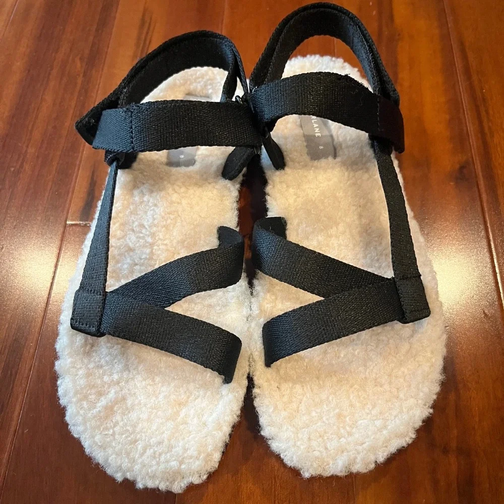 Everlane Teddy Sherpa‎ Sandal ReNew Black Cream Strappy Shoes New Women Size 8